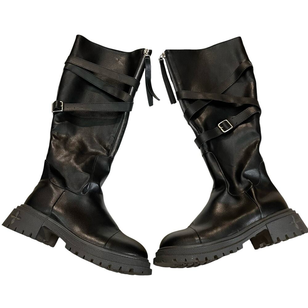 Gothic Knee High Belted Boots 37 6.5 Faux Leather Chunky Grunge Block Heel Black